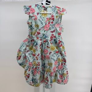 Tea Collection Mint Blue Floral Wrap Ruffle Dress with Pink & Yellow Blooms